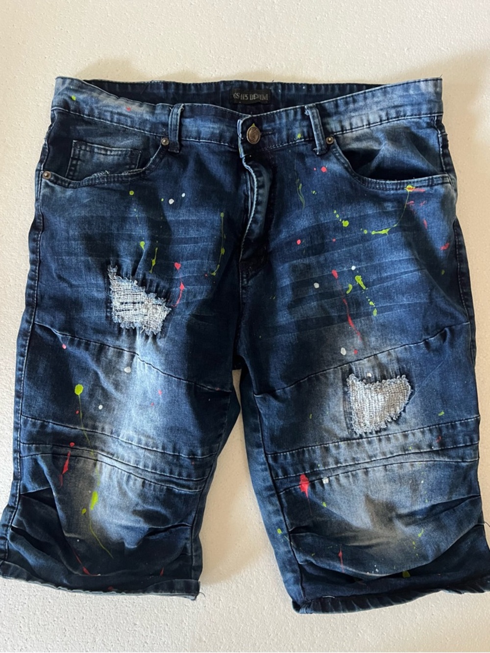 GS 115 Denim Paint-Splatter Distressed Denim Shorts - Blue size 38